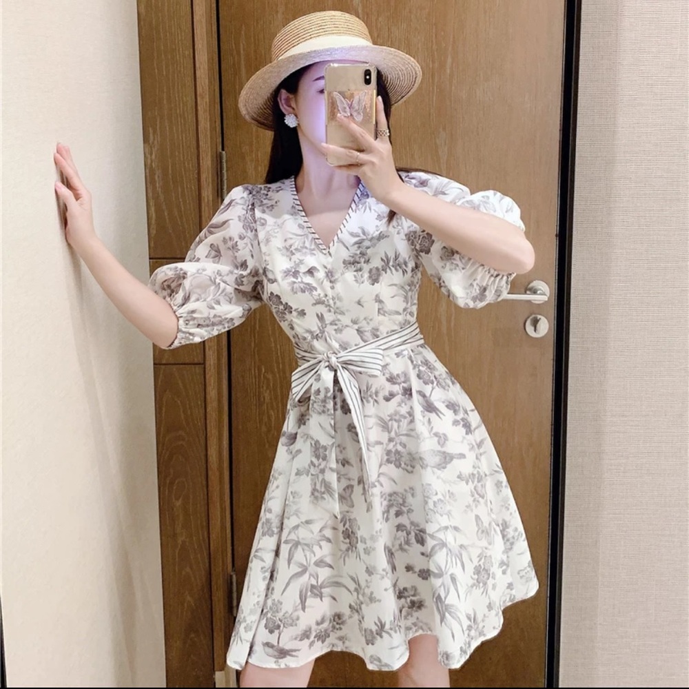 French Style Print Puff Sleeve Vintage Dress - Picture 11 of 15
